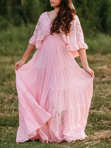 Woochic robe longue shooting dentelle à volantée décolleté plongeant manches trompette de soirée Rose S